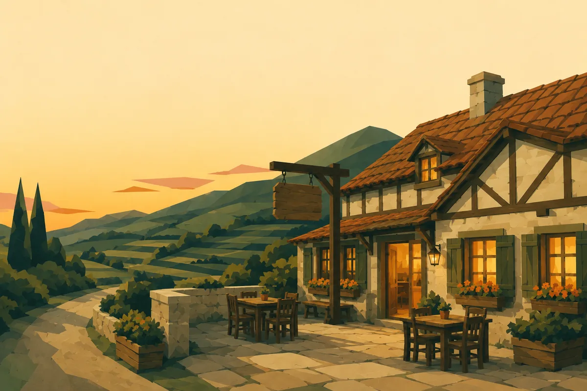 L'auberge du bourg d'Incognia, sa terrasse et sa façade claire au bord du chemin.