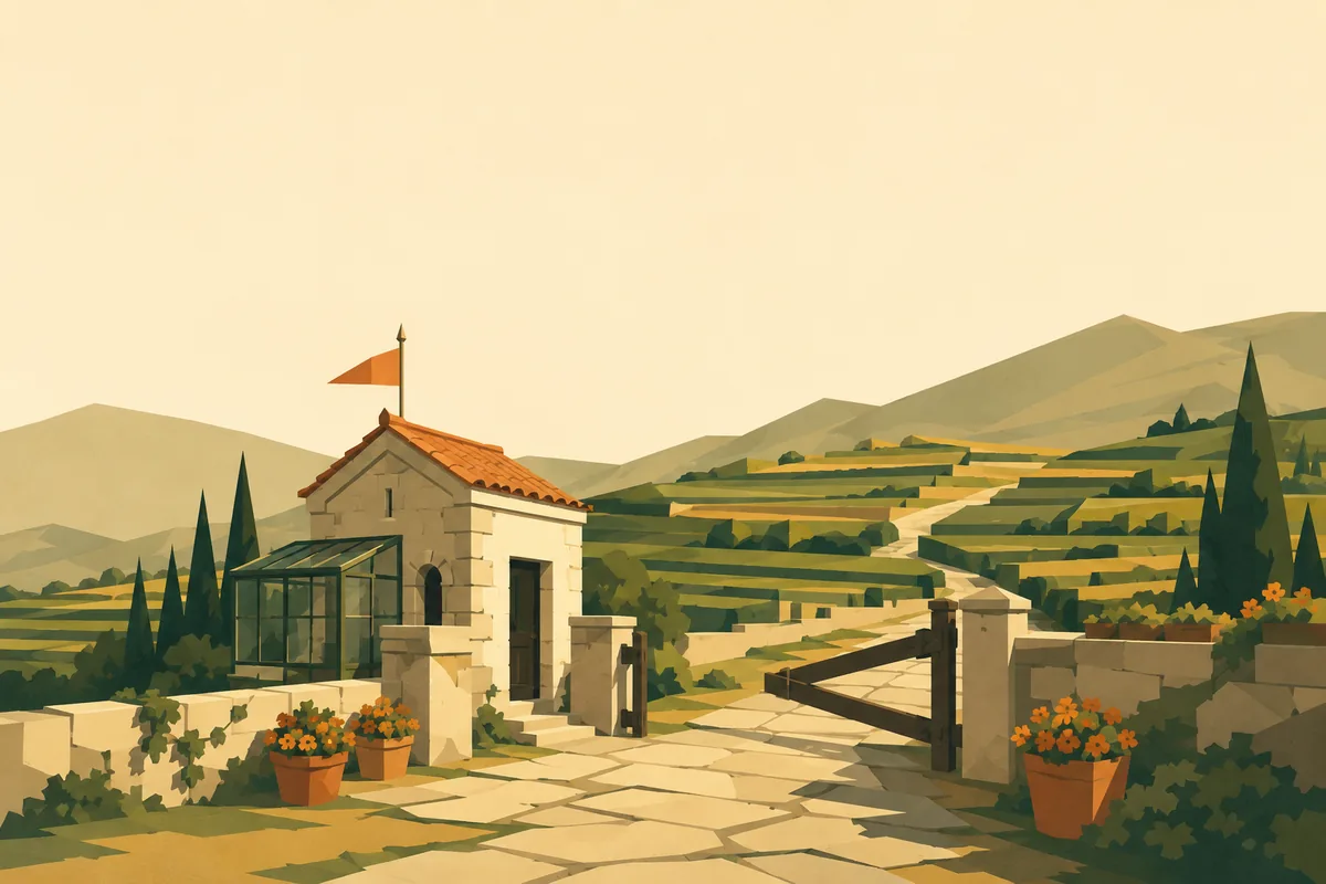 Le poste de douane d'Incognia, sa serre vitrée et son drapeau orange, au bord d'un chemin de pierre.