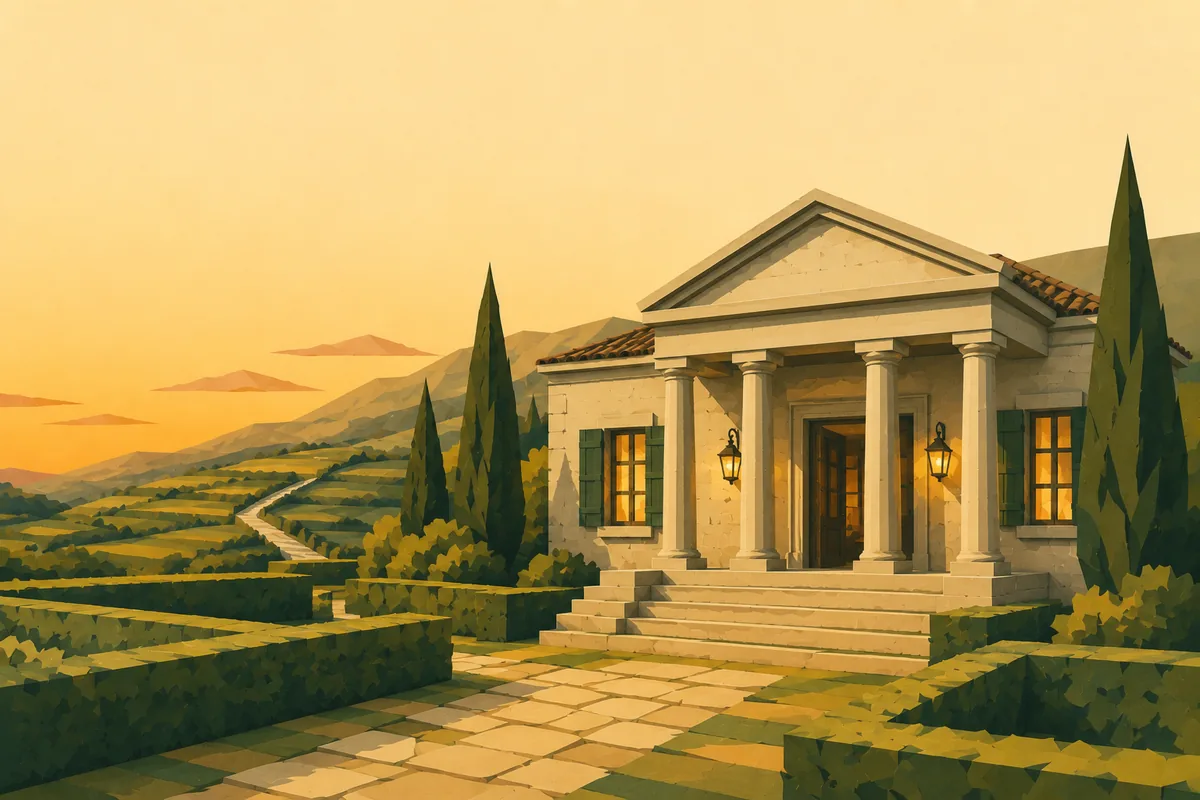 Le tribunal d'Incognia, son perron à colonnes et ses marches de pierre.
