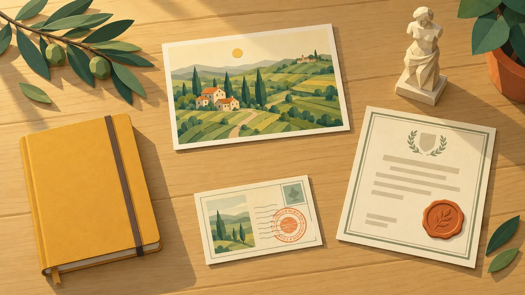 Sur une table de bois : le carnet à couverture jaune, une carte postale du pays, le visa tamponné et la statuette d'au revoir.