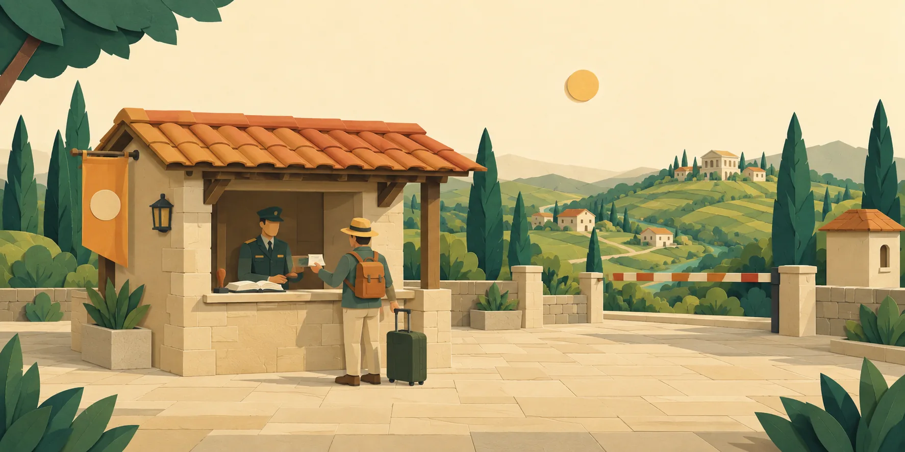 Le poste de douane d'Incognia, son guichet de pierre ouvert sur la place et sa serre vitrée.